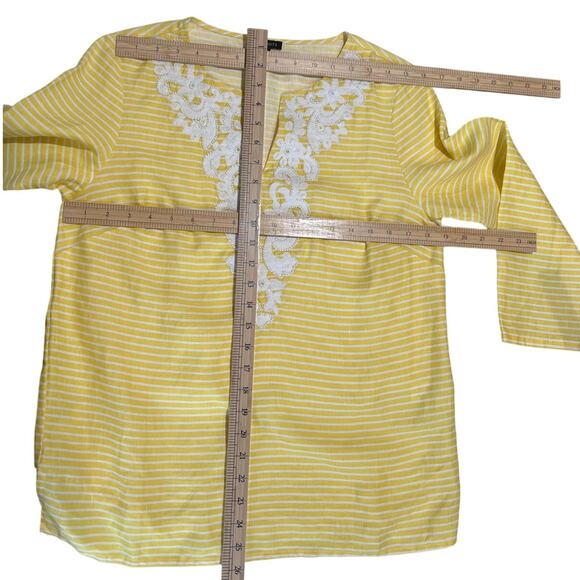Talbots 100% Linen Yellow Striped Beaded Tunic Women's Size S Embroidery Preppy - Picture 6 of 7